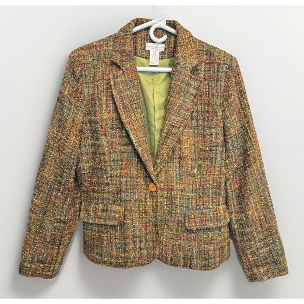 Preswick & Moore Tweed Blazer Sz 12P Green Brown Jacket Vintage Career Preppy